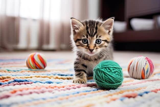 pequeño gatito tabby juega con bolas de colores de hilos de lana en la alfombra en la sala de estar