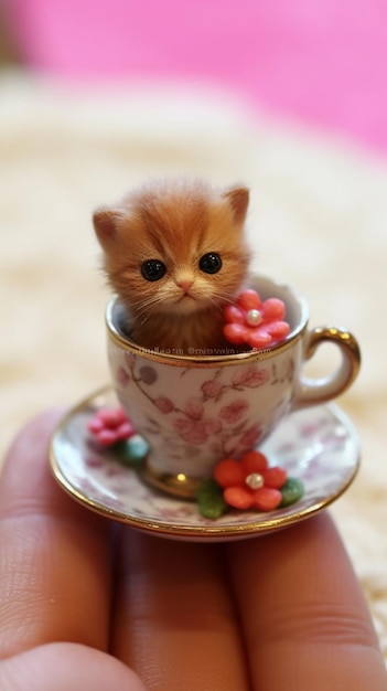 Un pequeño gatito en una taza de té con una flor en el frente.