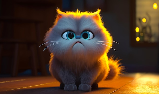 Pequeño gatito triste de pelo largo en el suelo Gato de ojos azules en la luz amarilla detrás de IA generativa