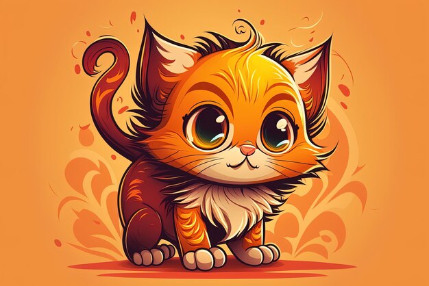 Foto pequeno gato bonito com pelagem vermelha definido em um fundo laranja