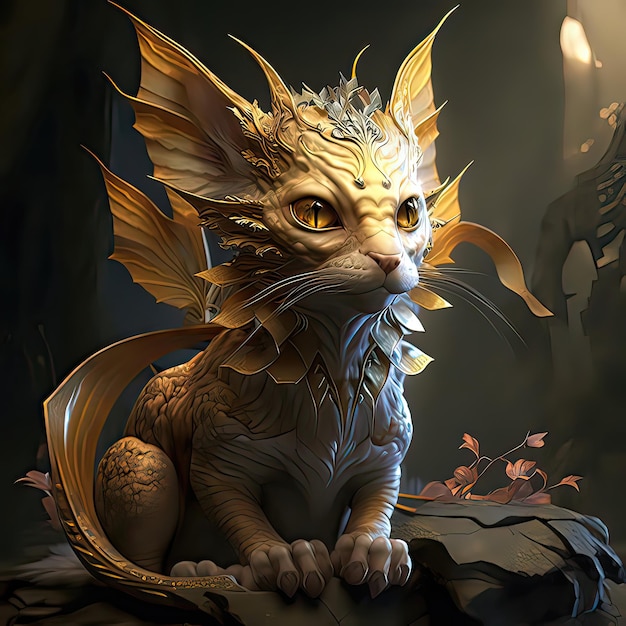 Pequeño gato dragón con ojos amarillos se sienta en cuatro patas Escalas animales mágicos lagarto monstruo de fantasía que respira fuego arte de alta resolución inteligencia artificial generativa