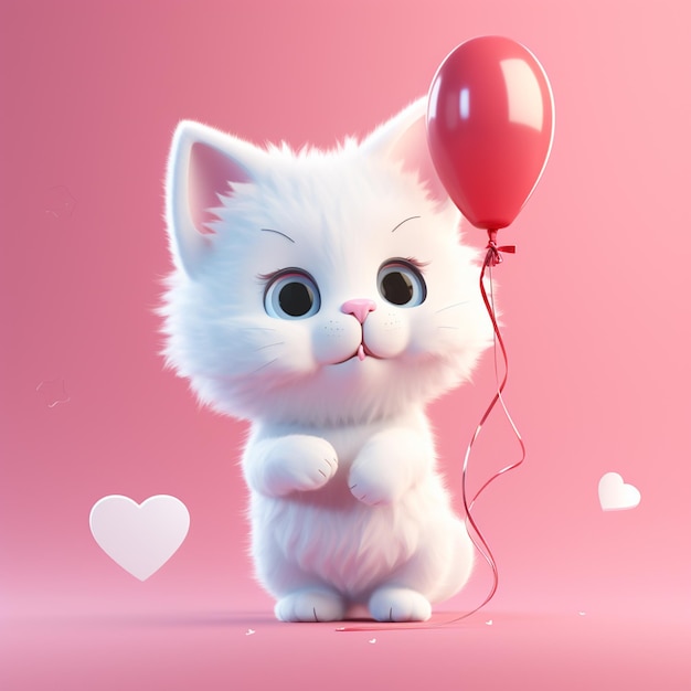 Pequeño gato isométrico lindo que sostiene un globo en forma de corazón