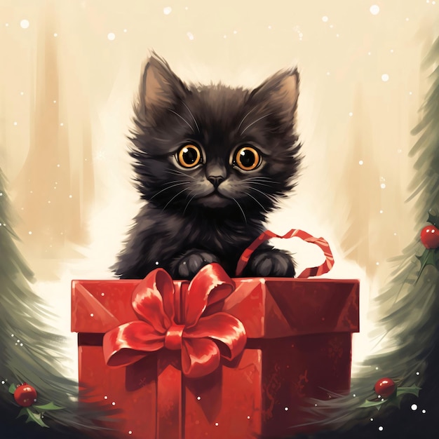 Pequeño gato negro en una caja roja un regalo con arcos regalos como un día símbolo de presente y amor