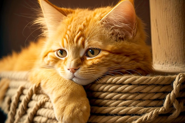 Pequeño gato rojo mira somnoliento a la casa de cartón hecha de cesta de yute de mimbre