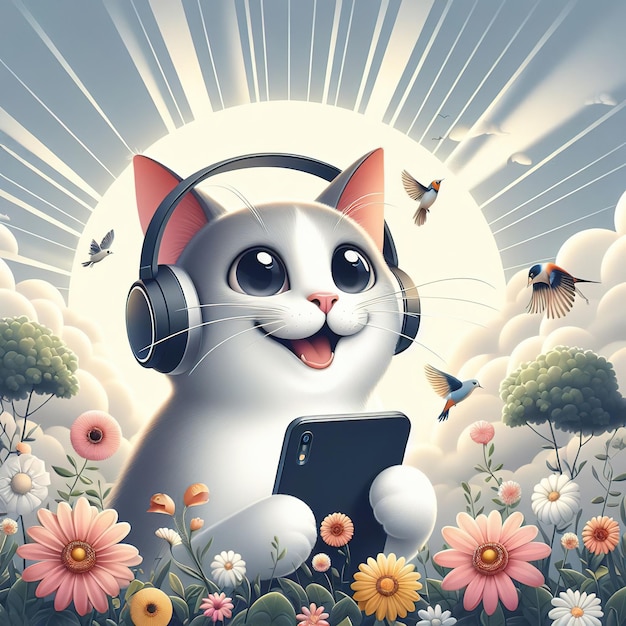 Pequeño gato con una sonrisa en la cara con un teléfono inteligente y auriculares en la naturaleza