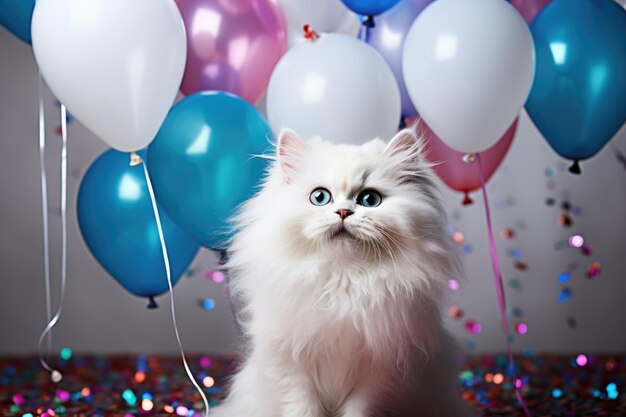 pequeno gato surpreso em fundo sólido brilhante com balões coloridos conceito de feliz aniversário