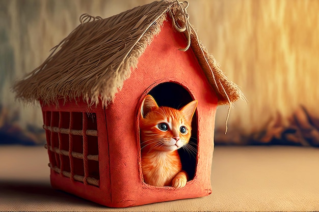 Um pequeno gatinho vermelho olha para fora de uma cesta de vime