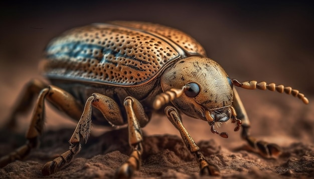 Pequeño gorgojo arrastrándose sobre material vegetal verde generado por IA