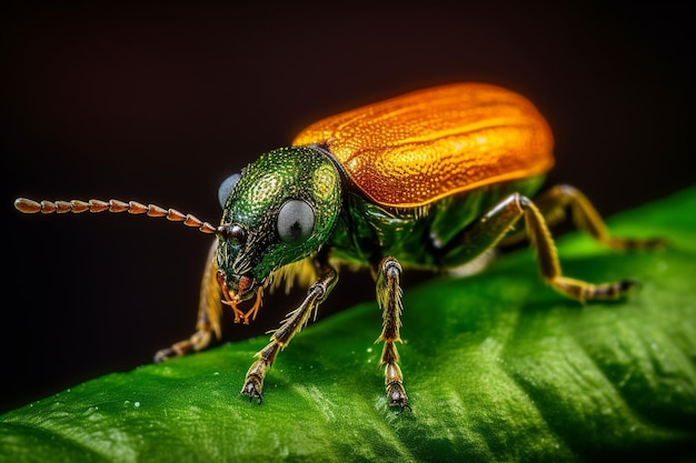 Pequeño gorgojo que se arrastra por la hoja verde al aire libre generado