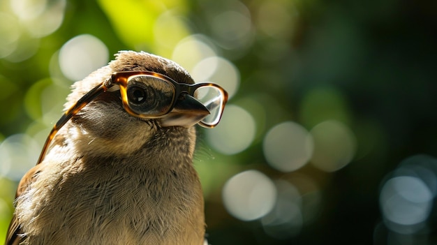 Un pequeño gorrión con gafas.