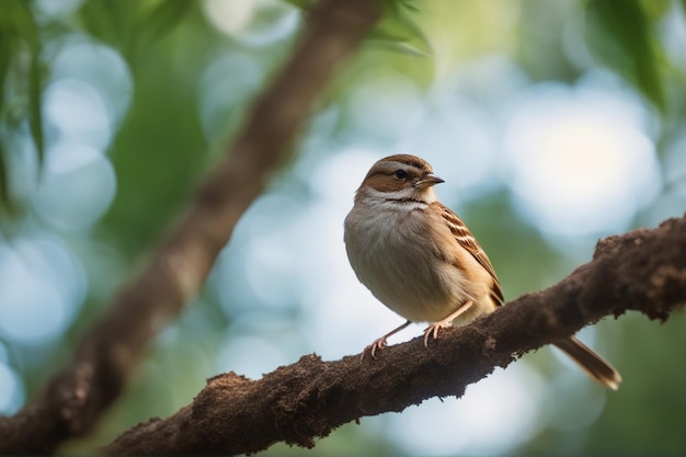 Un pequeño gorrión en la rama de un árbol con un fondo de selva borroso