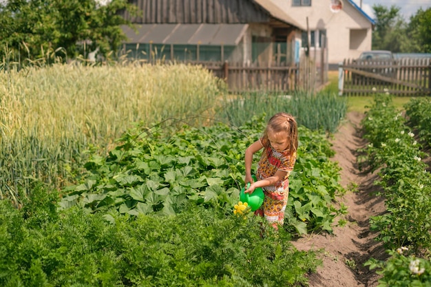 Pequeño granjero ayudante riega plantas en el jardín con una pequeña regadera de plástico