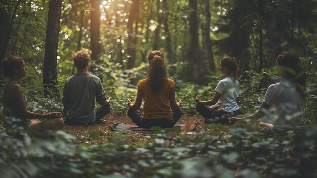 Un pequeño grupo de amigos practicando yoga y meditación en el bosque.