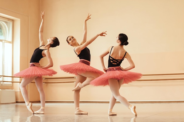 Pequeño grupo de bailarinas bailando juntas en el estudio de ballet