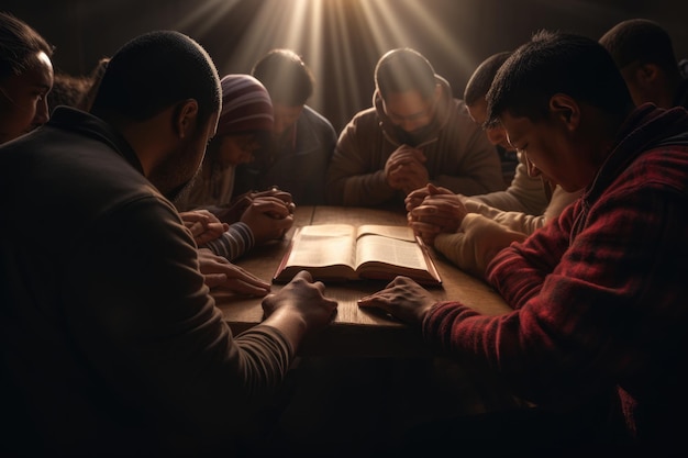 Foto pequeno grupo cristão orando juntos em torno de uma mesa de madeira