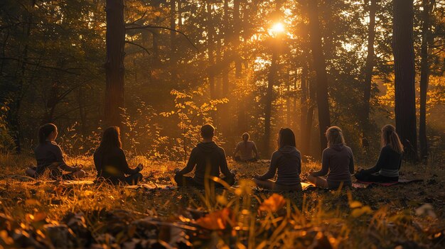 Pequeno grupo de amigos fazendo meditação de ioga na floresta ao nascer do sol