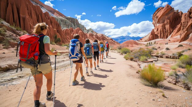 Pequeno grupo de mulheres caminhando no deserto Eles estão usando mochilas e usando paus de trekking