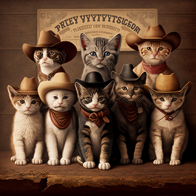 pequeno grupo fofo e adorável de gato cowboy