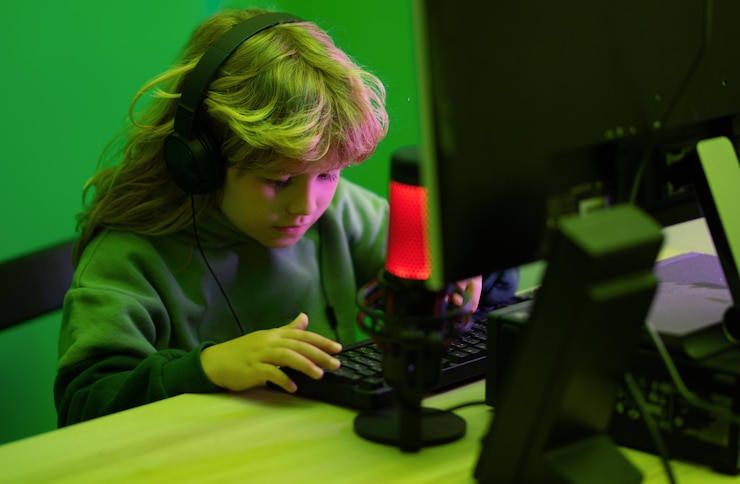Foto pequeño hacker joven programador niño con computadora pc por la noche abuso y adicción niños de aparatos