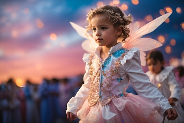 Un pequeño hada lindo con alas en un hermoso vestido con hermosas nubes