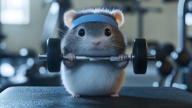 Un pequeño hámster se dedica al levantamiento de pesas en el gimnasio mostrando un entusiasmo lúdico por el ejercicio