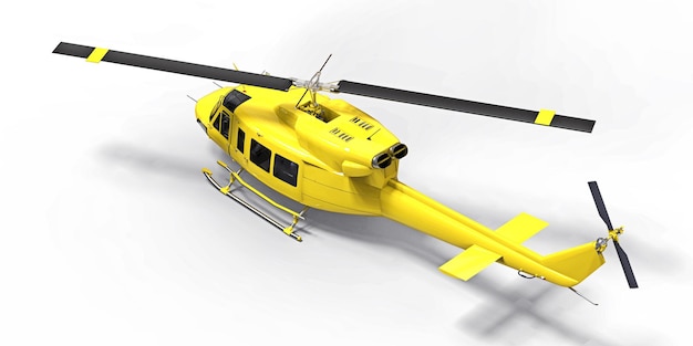 Pequeño helicóptero de transporte militar amarillo sobre fondo blanco aislado. El servicio de rescate en helicóptero. Taxi aéreo. Helicóptero para policía, bomberos, ambulancia y servicio de rescate. ilustración 3d