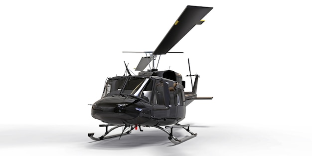 Pequeño helicóptero de transporte militar negro sobre fondo blanco aislado. El servicio de rescate en helicóptero. Taxi aéreo. Helicóptero para servicio de policía, bomberos, ambulancia y salvamento. Ilustración 3D.
