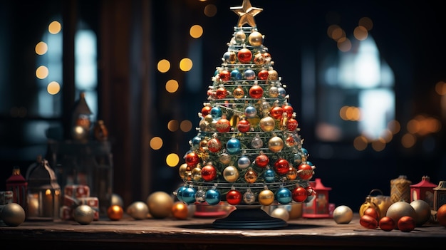 Un pequeño y hermoso árbol de Navidad se encuentra en una mesa de madera