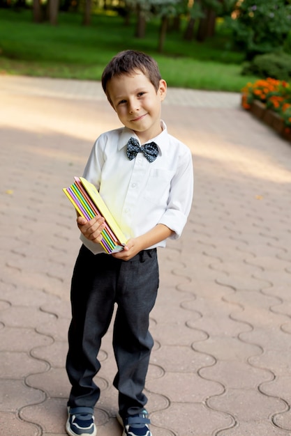 un pequeño y hermoso colegial con una camisa blanca y pantalones grises sostiene cuadernos