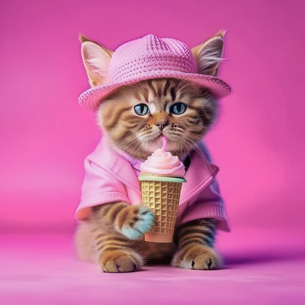 Un pequeño y hermoso gatito en un lindo traje rosa sostiene un delicioso helado en su pata