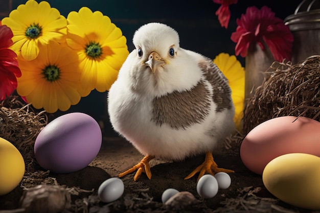 Pequeño y hermoso pollo de Pascua entre coloridas flores y huevos generados por IA