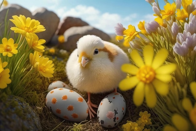 Pequeño y hermoso pollo de Pascua entre coloridas flores y huevos generados por IA