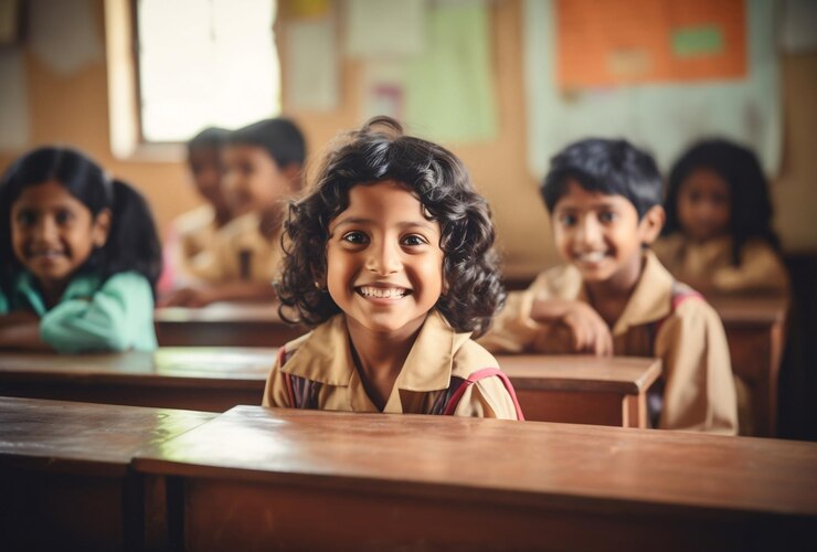 El pequeño hijo de una mujer india sonríe estudiando en clase