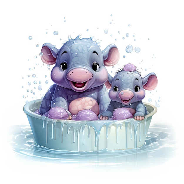 un pequeño hipopótamo bañándose en una cuenca