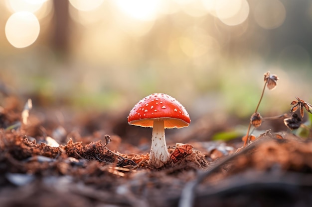 Pequeño hongo venenoso rojo en el bosque en otoño