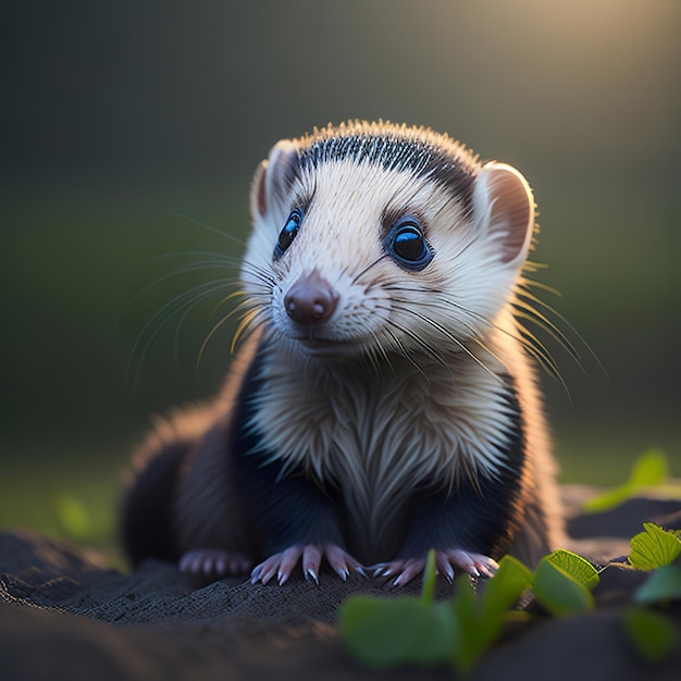 Un pequeño hurón con ojos azules se sienta en el suelo.