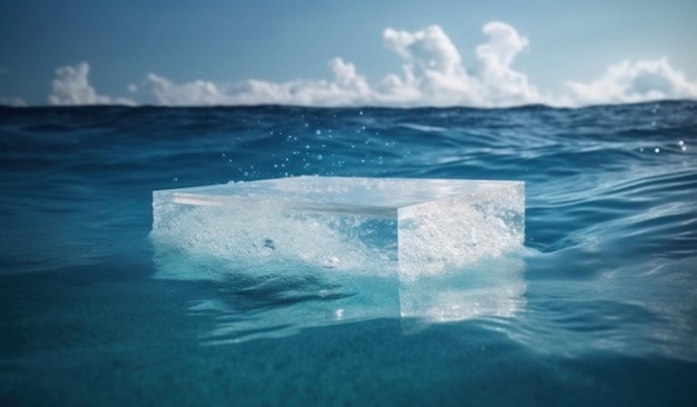 Un pequeño iceberg flotando en el océano con la palabra hielo.