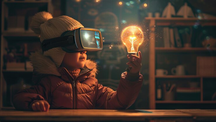 Foto pequeño innovador un niño explorando la realidad virtual y sosteniendo una bombilla incandescente