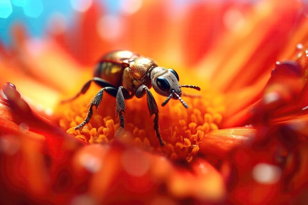 Pequeño insecto arrastrándose sobre un vibrante pétalo de flor IA generativa