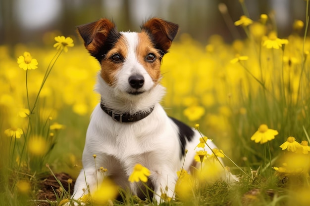 Pequeño Jack Russell terrier sentado en la pradera en primavera