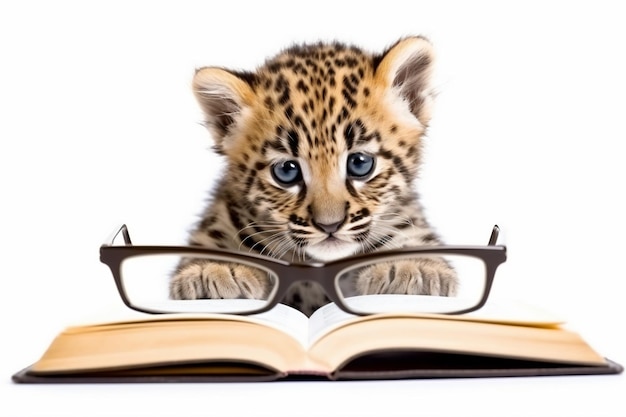 un pequeño jaguar con gafas sentado sobre un libro