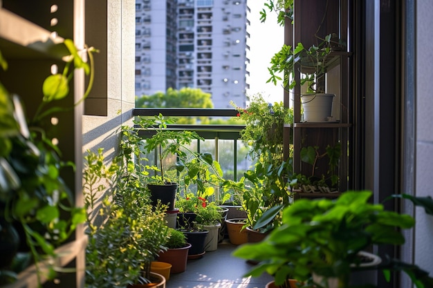 pequeno jardim na janela da varanda do condomínio