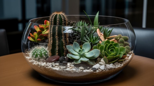 Un pequeño jardín de cactus en un elegante recipiente de vidrio generado por IA