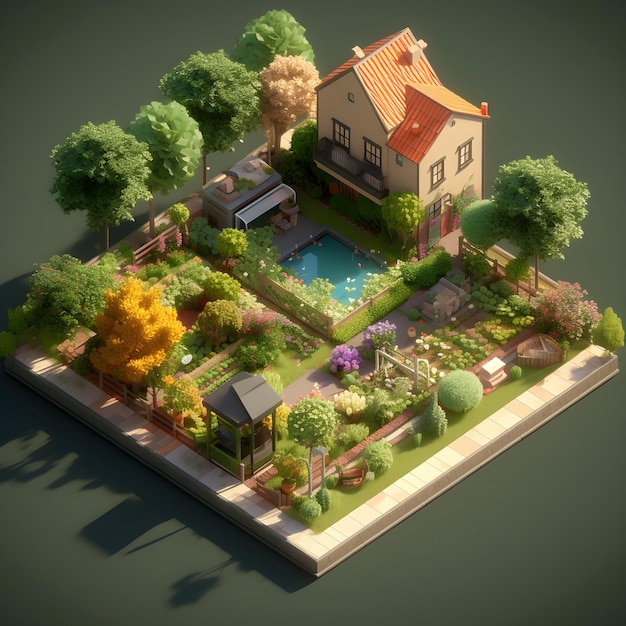 Un pequeño jardín con un estanque.