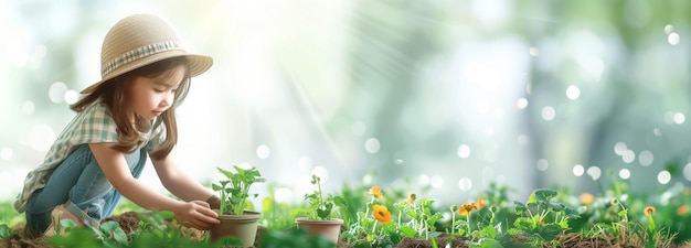 Pequeno jardineiro cuidando de plantas em serenidade