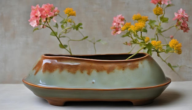 Foto un pequeño jarrón de cerámica con flores en él y el número 3 en el lado