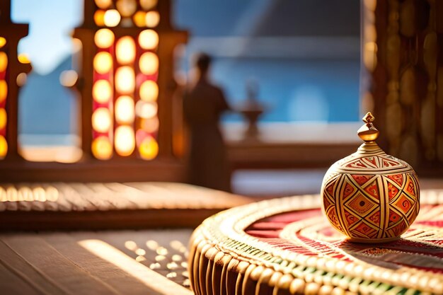 un pequeño jarrón se encuentra sobre una mesa frente a un templo.
