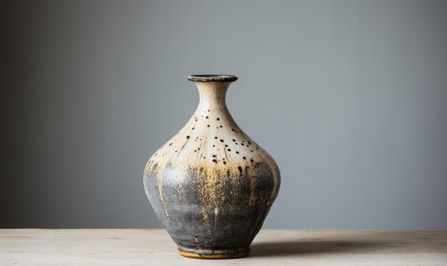 Un pequeño jarrón estilo wabi sabi sobre una mesa de madera contra una pared gris que crea un ambiente tranquilo y sofisticado con su forma elegante y sus tonos terrosos AI Generative