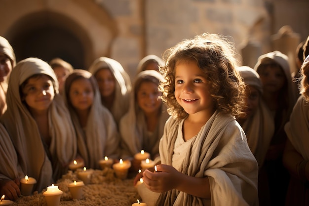 Pequeno Jesus com uma vela na mão no templo entre crianças