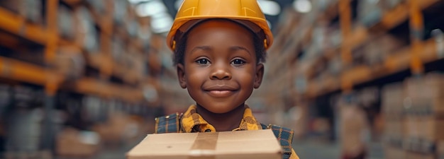 Pequeño joven africano esperando una entrega en un almacén con un casco de seguridad y sosteniendo una caja de cartón o un paquete